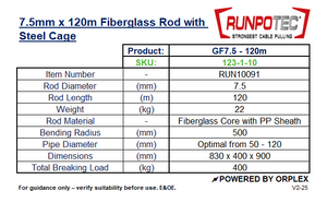 Technical specifications of a RUNPOTEC 7.5mm fiberglass rod with steel cage