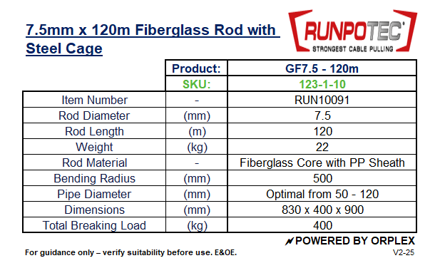 Technical specifications of a RUNPOTEC 7.5mm fiberglass rod with steel cage
