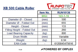 Technical Specifications Table for RUNPOTEC Red and Black XB 500 Cable Roller – X BOARD 500 (800kg Capacity) Cable winder/unwinder