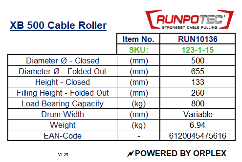 Technical Specifications Table for RUNPOTEC Red and Black XB 500 Cable Roller – X BOARD 500 (800kg Capacity) Cable winder/unwinder