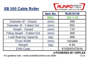 Technical Specifications Table for RUNPOTEC XB500 Cable WInder/Unwinder
