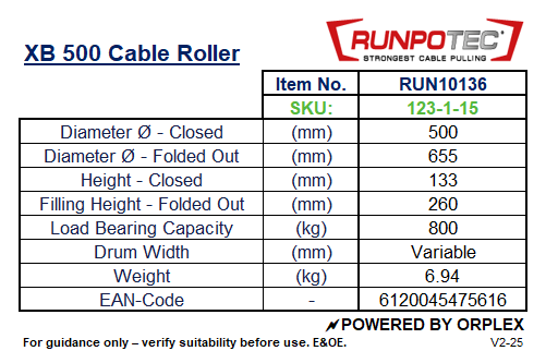 Technical Specifications Table for RUNPOTEC XB500 Cable WInder/Unwinder
