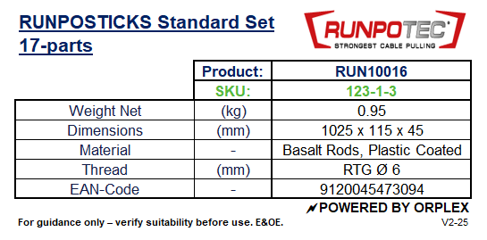 Product specifications table for RUNPOTEC RUNPOSTICKS Standard Set