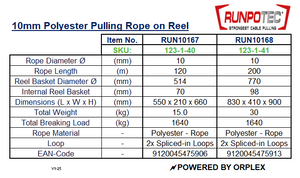 Technical specifications table for RUNPOTEC 10mm Polyester Pulling Rope on Reel