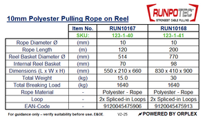 Technical Specifications Table for Runpotec 10mm Polyester Pulling Rope on Reel