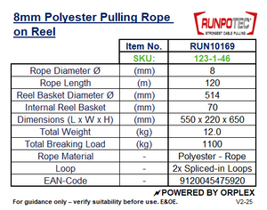 Technical specifications Table for RUNPOTEC 8mm polyester pulling rope on reel.