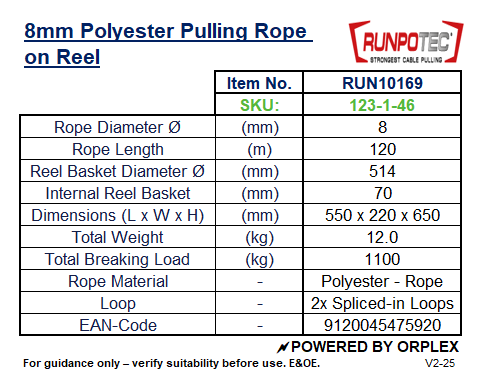 Technical specifications Table for RUNPOTEC 8mm polyester pulling rope on reel.