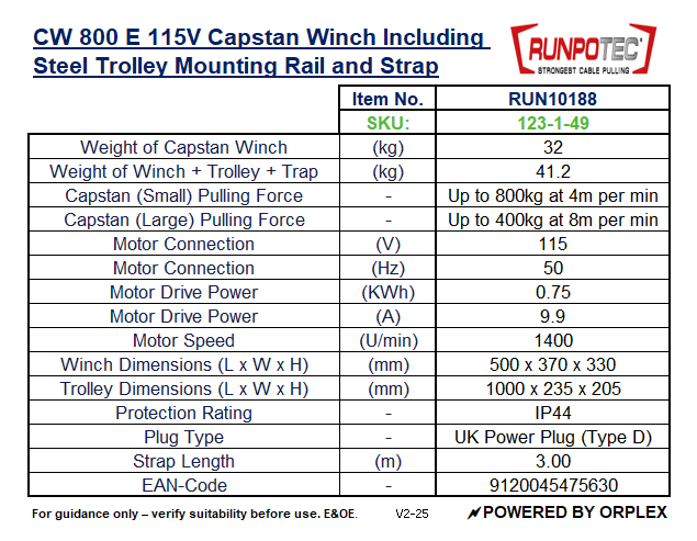 Technical specifications table for RUNPOTEC CW 800 E 115V Capstan Winch