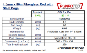 Technical specifications of RUNPOTEC 4.5mm x 80m fiberglass rod with steel cage, including dimensions and material details.