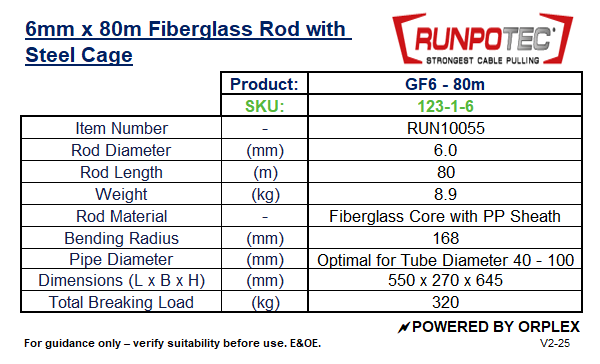 Technical specifications of a RUNPOTEC 6mm x 80m fiberglass rod with steel cage.