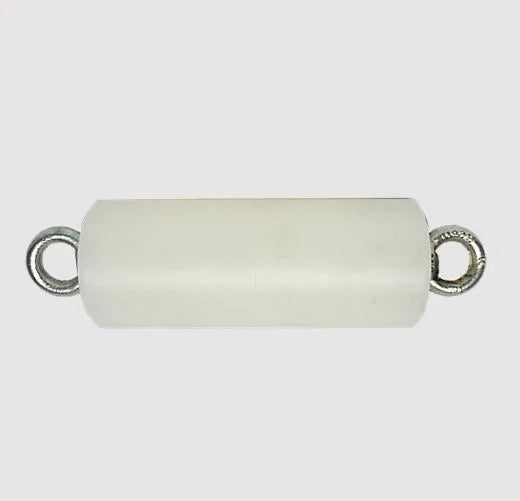 A white cylindrical pendant with two silver metal loops on the ends, shown against a light gray background.