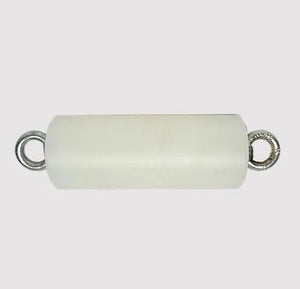 A white cylindrical pendant with two silver metal loops on the ends, shown against a light gray background.