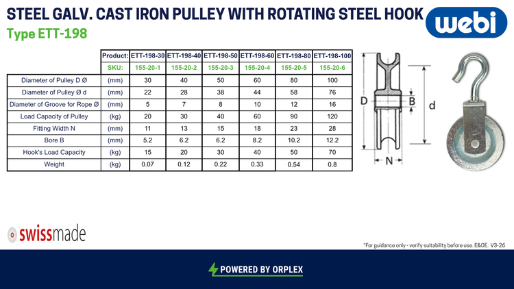 Technical Specification Table with Dimensions Diagram for WEBI Steel Galvanised Cast Iron Pulley with Rotating Hook, Type ETT-198