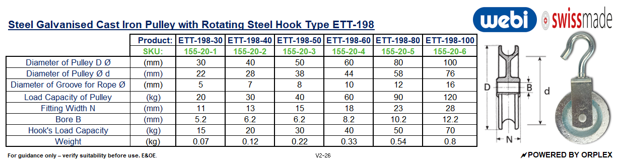 Technical Specification Table with Dimensions Diagram for WEBI Steel Galvanised Cast Iron Pulley with Rotating Hook, Type ETT-198