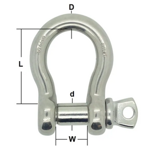 Labelled technical dimensions of RiggFix Stainless Steel Load rated screw pin bow shackle