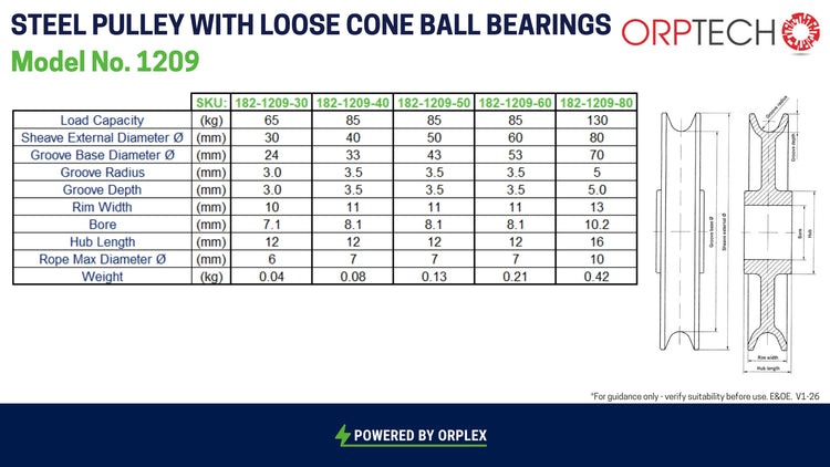 A technical specification sheet for an ORPTECH Steel Pulley with loose cone ball bearings, Model No. 1209.