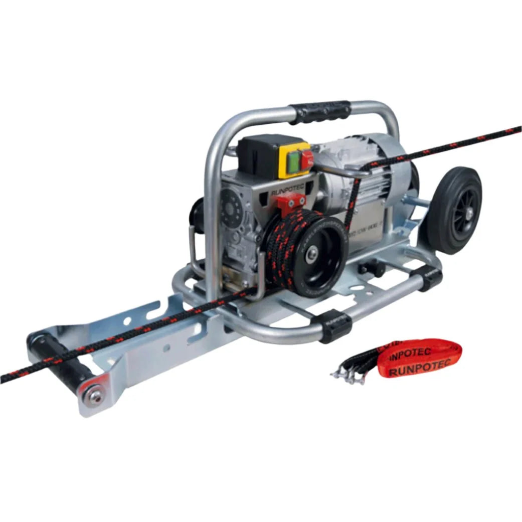 RUNPOTEC CW 800 E 230V Capstan Winch with steel trolley, rail & strap - 800kg