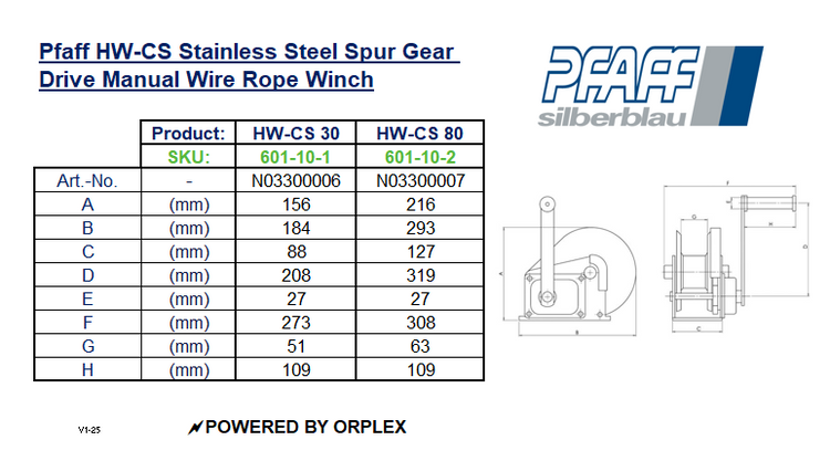Pfaff HW-CS Stainless Steel Spur Gear Drive Manual Wire Rope Winch Dimensions Table with Diagrams