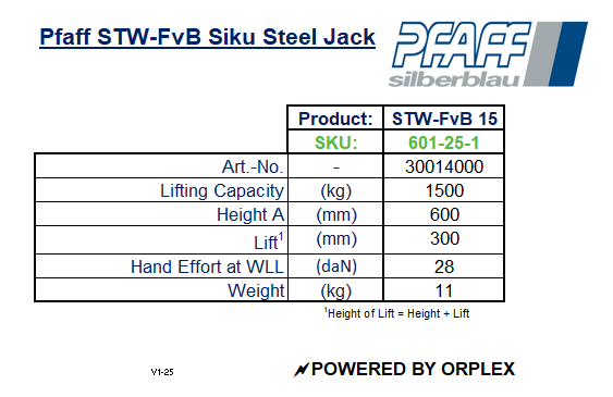 Pfaff STW-FvB Siku Steel Jack Specification Table