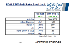 Pfaff STW-FvB Raku Steel Jack Specification Table