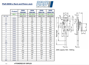 Pfaff ZWW Rack & Pinion Jack Dimensions Table with Diagram