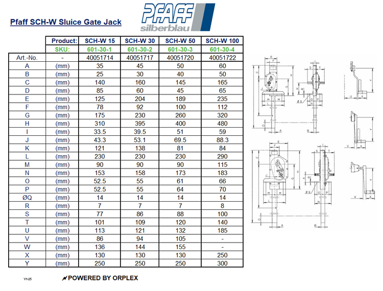 Pfaff SCH-W Sluice Gate Jack Dimensions Table with Diagram