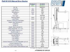 Pfaff HV 0516 Manual Drive Stacker Table of Specification and Dimensions
