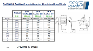 Pfaff SW-K GAMMA Console-Mounted Aluminium Rope Winch Dimensions Table with Diagrams