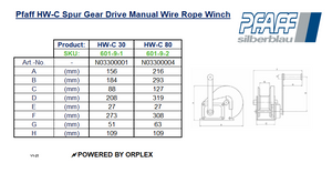 Pfaff HW-C Spur Gear Drive Manual Wire Rope Winch Dimensions Table with Diagrams