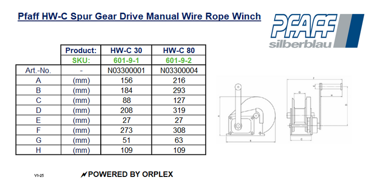 Pfaff HW-C Spur Gear Drive Manual Wire Rope Winch Dimensions Table with Diagrams