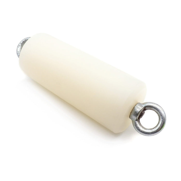 An off-white cylindrical roller with a silver metal eyelet on one end and a silver metal tip on the other, shown on a plain white background.