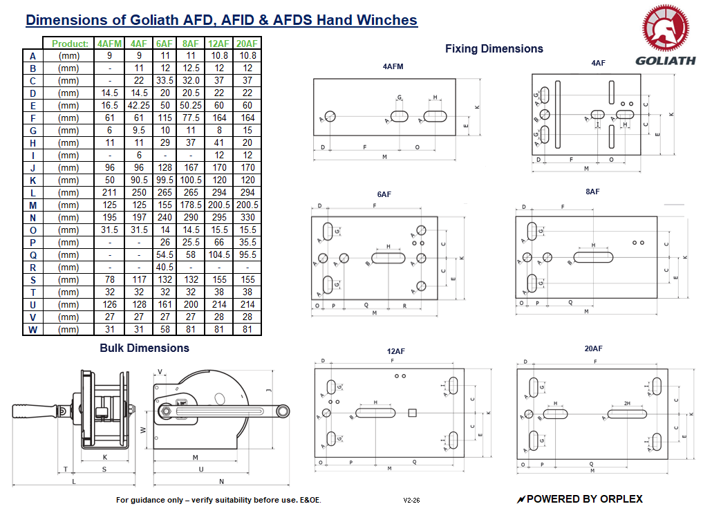 Technical drawing and dimensions of Goliath AFD, AFID, and AFDS hand winches.