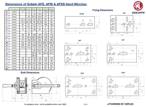 Technical drawing and dimensions of Goliath AFD, AFID, and AFDS hand winches.