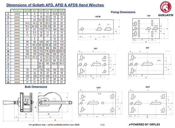Technical drawing and dimensions of Goliath AFD, AFID, and AFDS hand winches.