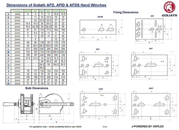 Technical drawing and dimensions of Goliath AFD, AFID, and AFDS hand winches.