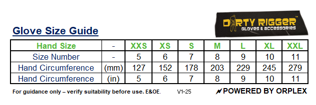 Dirty Rigger Gloves size guide table