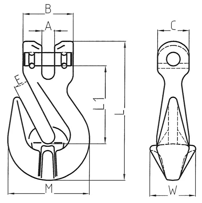 Grade 80 Clevis Grab Hook - Yellow Finish Main Dimensions from RiggingUK