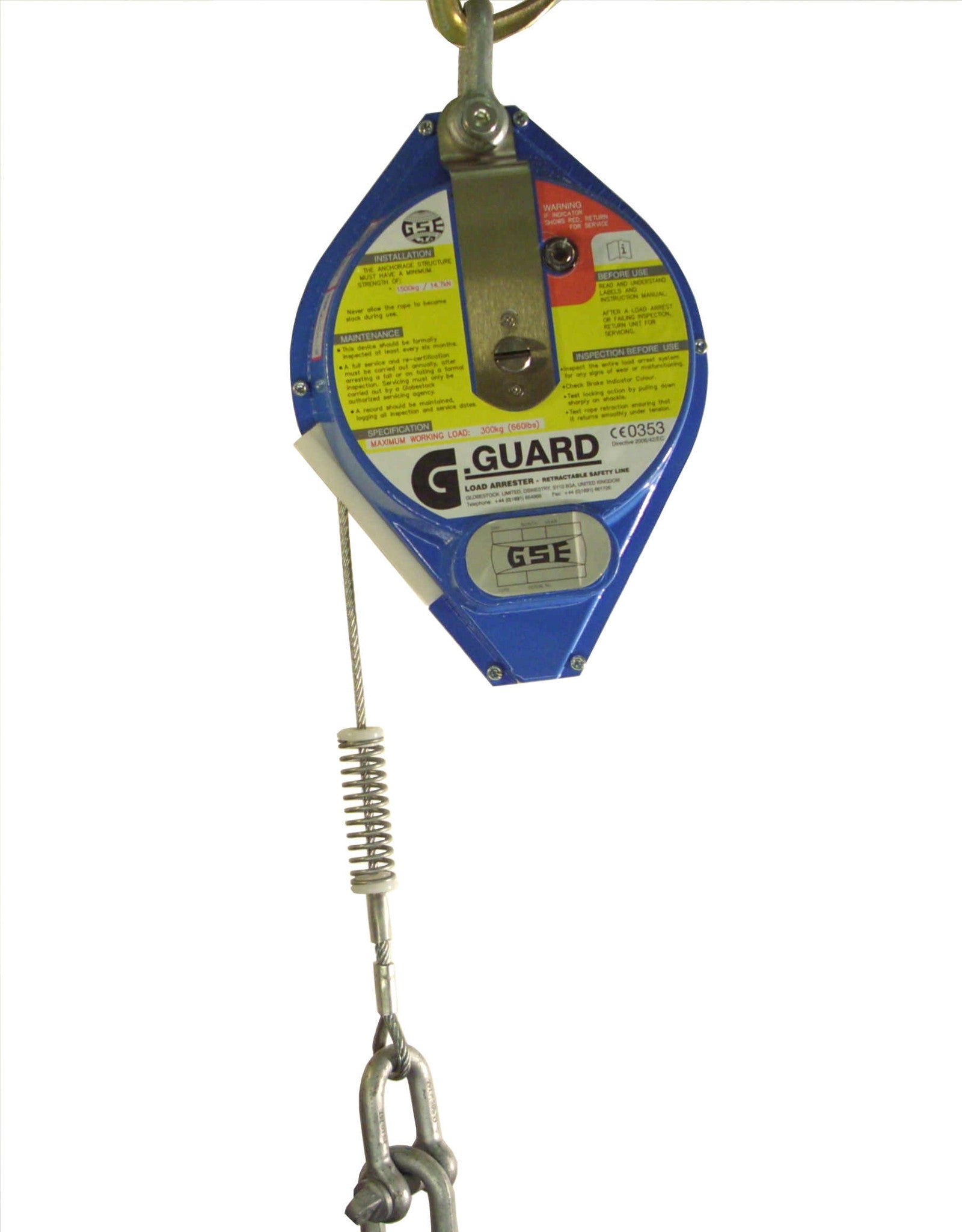 Globestock G.Guard 300kg SWL Load Arrest Blocks from 10m galvanised steel rope.