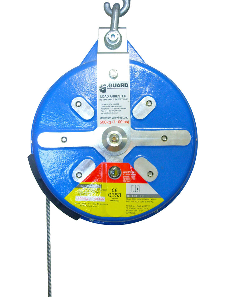 Globestock G-Guard, 500kg SWL Load Arrest Blocks from 18m to 25m galvanised steel rope, SWL 500Kg