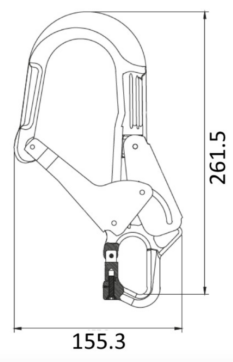 Dimensions for Aluminium Double Action Pin Opening Eye Scaffold Hook