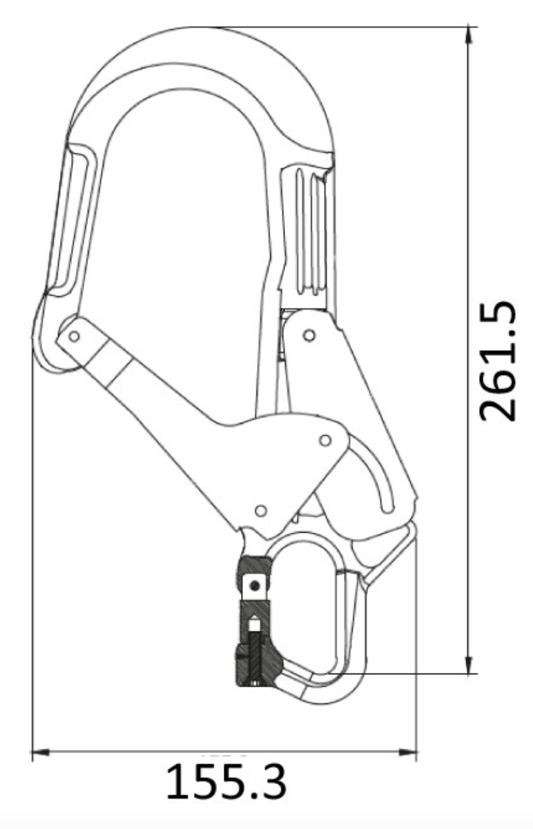 Dimensions for Aluminium Double Action Pin Opening Eye Scaffold Hook